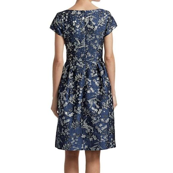 Theia Metallic Floral Jacquard A-Line Dress Knee Length Beaded Sequin Blue 2 - Picture 3 of 15